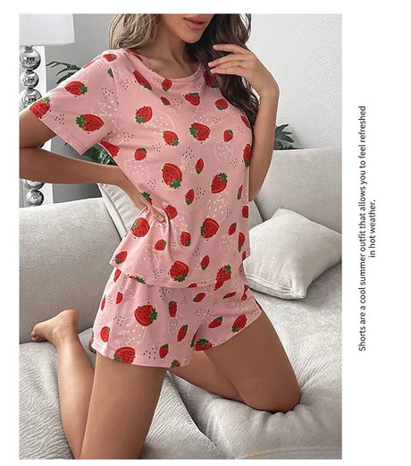 Women's Sleepwear Cute Strawberry Print Pajama Pj Set Summer Short Sleeve Top & Shorts Loungewear Soft Comfortable Home Clothing