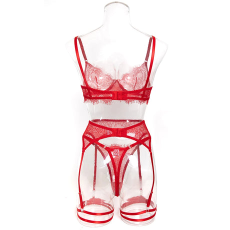 Women's Pink Floral Lace Sheer Lingerie Set See-Through Push-Up Bra Waist Cincher with Garter Belt Thong Intimate Erotic Outfits