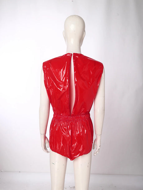 Women One Piece Adaptive Pajama Nightwear Shiny Metallic Sleeveless Buttoned Sleeveless Jumpsuit Waterproof Rompers Bodysuit