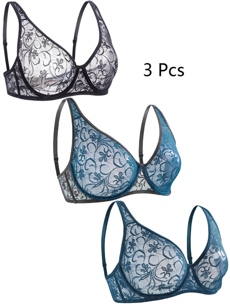 3 Pcs Women's Lace Bra Set Underwire Hollow out Embroidery Sexy plus Size Lingerie Tops Brassiere Underwear B C D E Cup