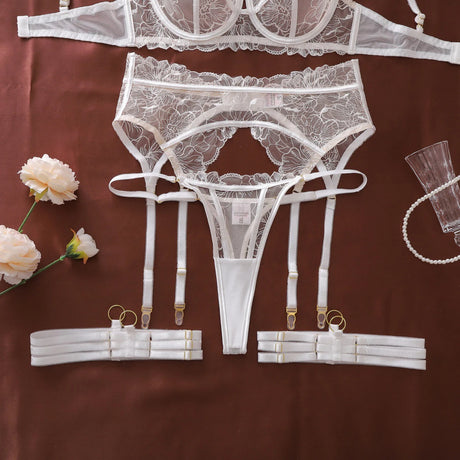 Ellolace French Women's Lingerie Fantasy Embroidered Bra Belt Thong with Leg Circles Elegant Floral Romantic Cute Miss Underwear