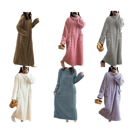 Winter Long Sleeve Double Pocket Flannel Nightgowns Women Loose Solid Sleepwear Jacquard Night Dress Thickened Warm Nightdress