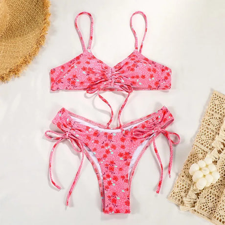 Swimwear Woman 2026 Bikini Floral Print Sleeveless Top Bikinis Tie Side Bottom Swimsuit High Cut Adjustable Straps Two Piece