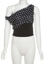 Weird Puss Polka Dots Print T-Shirts Women Summer Trend Skew Collar Off Shoulder Backless Street Fashion Trend Ruched Crop Tops