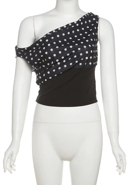 Weird Puss Polka Dots Print T-Shirts Women Summer Trend Skew Collar Off Shoulder Backless Street Fashion Trend Ruched Crop Tops