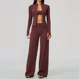 Women's 2/3Pcs Yoga Set Zip Jacket Sports Bra Cross Back Wide Leg Flare Pants Push Up Gym Set Workout Running Fitness Activewear