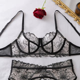 Ellolace French Women's Lingerie Fantasy Embroidered Bra Belt Thong with Leg Circles Elegant Floral Romantic Cute Miss Underwear