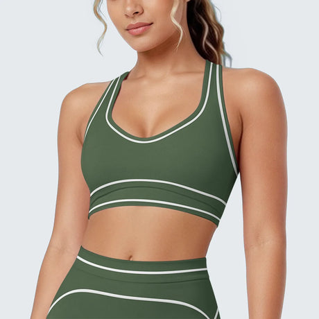 Women's Yoga Bra Vest Fitness Tank Running Workout Gym Top Push Up Padded Soft Slim Contrast Piping Racerback Sports Underwear