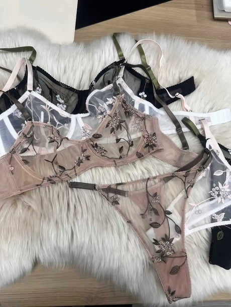 Women Thin Sheer Mesh Lace Bra Set 32‑38 Transparent Floral Embroidery Underwire Anti Sag Push Up Minimizer Big Breast Bra S-XL