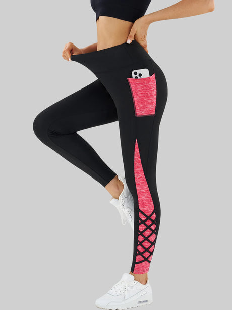 Contrast Geometric Print Pocket Yoga Leggings for Women, High Waist Compression Workout Gym Fitness Trousers