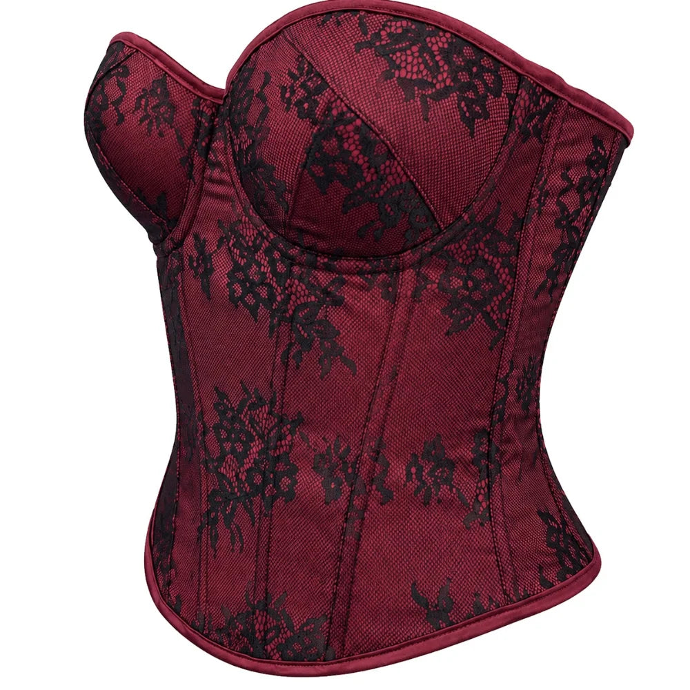 Women's Lace Corset Top Strapless Burgundy Black Molded Cup Back Lace-Up Waist Cincher Push-Up Bustier