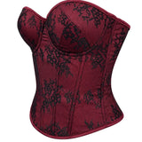Women's Lace Corset Top Strapless Burgundy Black Molded Cup Back Lace-Up Waist Cincher Push-Up Bustier