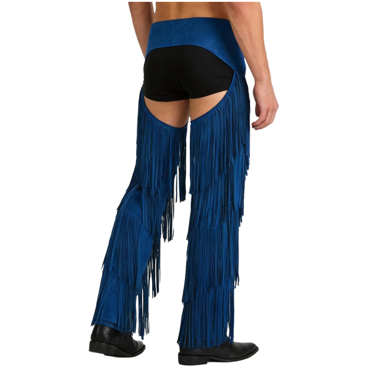 Mens Western Cowboy Chaps Fuax Suede Tassel Hollow Out Open Crotch Long Pants Adjustable Buckles Waist Motorcycle Biker Trousers