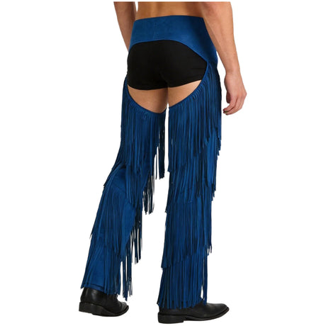 Mens Western Cowboy Chaps Fuax Suede Tassel Hollow Out Open Crotch Long Pants Adjustable Buckles Waist Motorcycle Biker Trousers
