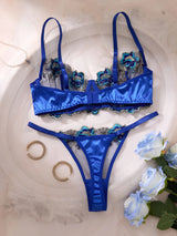 Women Royal Blue Floral Embroidery Lingerie Set Satin Sheer Mesh Underwire Bra & Thong Intimate Underwear ZA825146