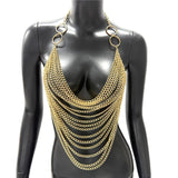 Women Metal Chain Tassel Tank Top Sexy Deep V Neck Backless Hollow Out See Through Crop Top Body Chain Party Club Camisole