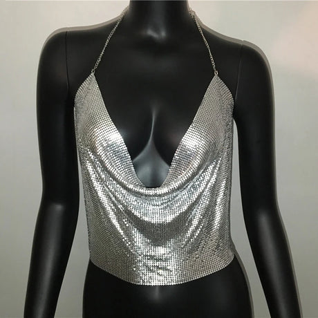 Sexy Metal Sequins Tank Top For Women 2025 Summer V Neck Backless Crop Tops Luxury Solid Short Party Nightclub Tank Tops