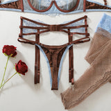 Diccvicc Women's Blue Lace Lingerie Set Brown Underwire Bra Garter Belt Thong Stockings See Through Hot Luxury Fashion Underwear