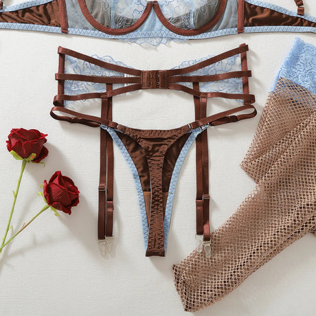 Diccvicc Women's Blue Lace Lingerie Set Brown Underwire Bra Garter Belt Thong Stockings See Through Hot Luxury Fashion Underwear