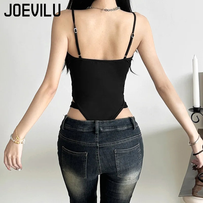 Sexy Women Bodysuit Cut Out Bodycon Jumpsuit Strap Cami Y2K Pure Aesthetic Tops Summer Sleeveless Solid Color Crop Outfit Tee