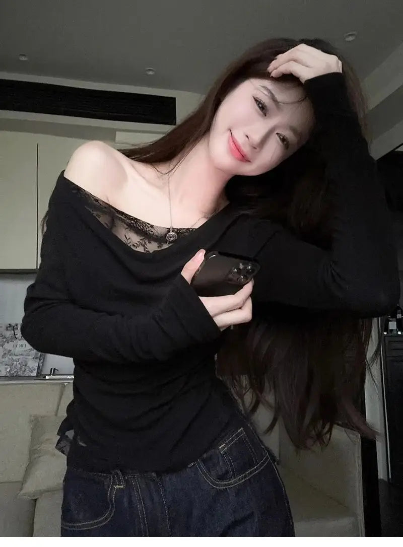 Lace Splice Asymmetrical Shoulder Long Sleeve T-Shirt Women's Slim Fit White Top for Autumn Winter Commute Casual Wear