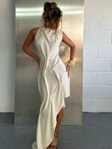 Romantic Soft Halter Maxi Dress Ruched Asymmetrical Women Dresses Anniversary Dinners Vacation Elegant Female Party Wear