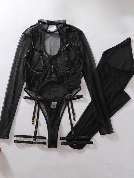 4Pcs Women Sexy Hollow Out Sheer Spliced Body Shaping Suit Perspective Slim Lingerie Set With Matching Thigh High Hosiery