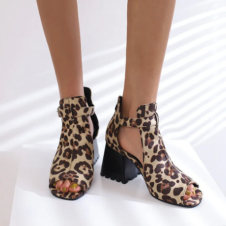 Summer Women's Fashion Peep Toe Thick Heel Sandals High-heeled Shoes for Woman Denim Leopard Print Sandalias de Mujer WSH5343