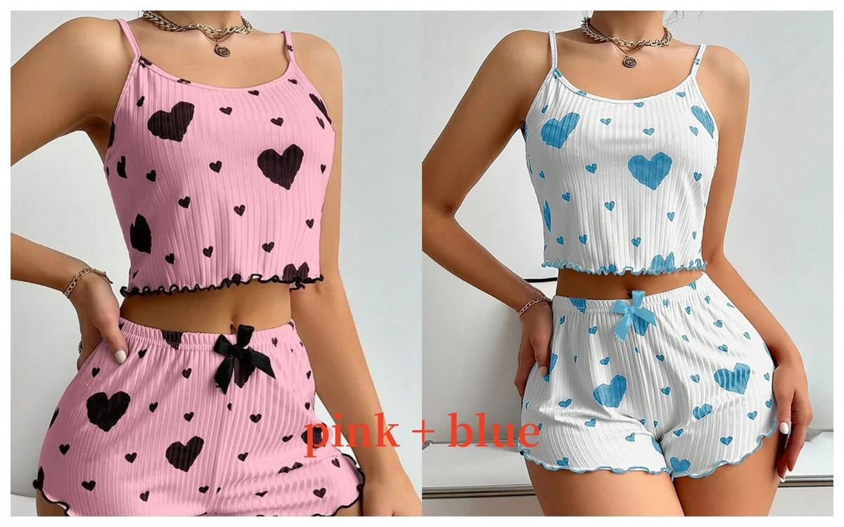 Women's Pajamas Set Sleepwear 2 PCS Short Tank Tops And Shorts S M L White Ventilate Soft Casual Love Printing