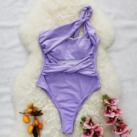 Sexy One Piece Swimsuit One Shoulder Solid Cut Out Monokini Pattern Women's Swimwear Slimming Bodysuit Women Beachwear 2022