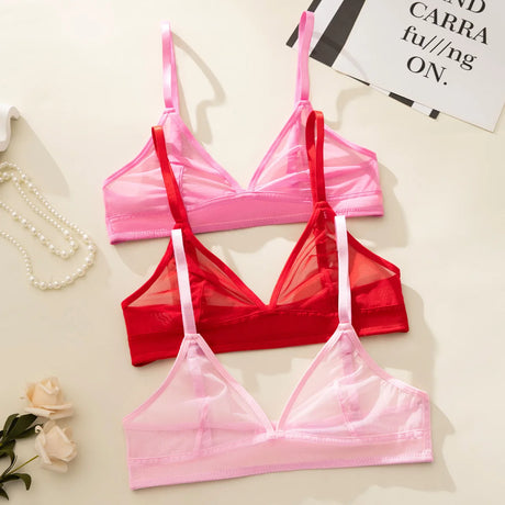 Sexy Transparent Ladies' Brassiere Three-piece Women's Bra Small Bust Mesh Lingerie Ultra-thin Triangle Double Shoulder Straps