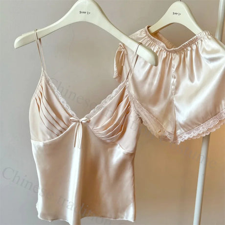 2025 Summer New Cami Top&shorts Sexy Lace Trim Pajamas Nightwear Lady's Lingerie Attractive Pijamas Backless Home Clothes