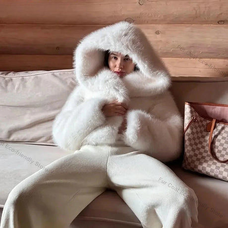 Women's Faux Fur Jacket White Mountain Fashion Hooded Cropped Faux Fur Coat Women Fluffy Women's Plush Coat Girls Hot Overcoat