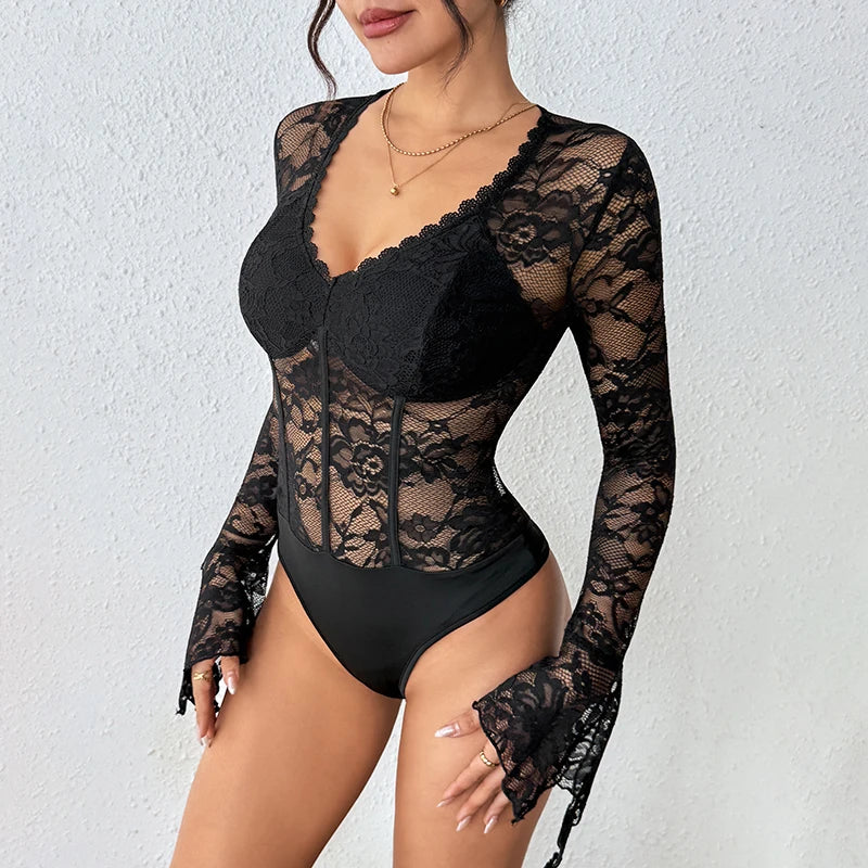 Benuynffy Black V-neck Long Sleeve Bodysuit Women's Sexy See Through Lace Bodys for Women Slim Fit One Pieces Tight Body Top
