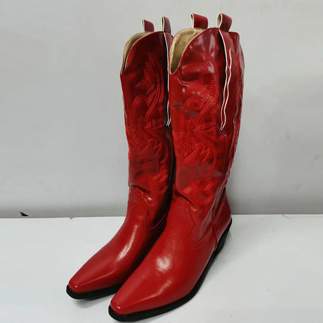 White Cowgirl Western Boots Embroidery Cowboy Boots for Women 2026 Brand Fashion Chunky Heeled Women Mid-Calf Boots Shoes Comfy