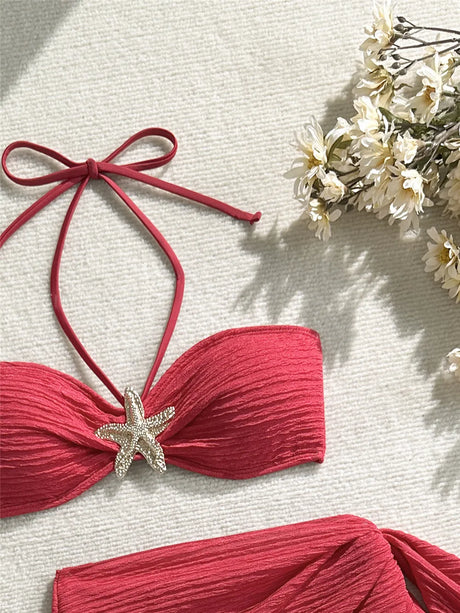 Metal Starfish Brown Bandeau Bikinis Sets 3 Pieces Sexy Swimsuit Cover Up Women 2026 Holiday Swimwear High Cut Bather Beach Wear