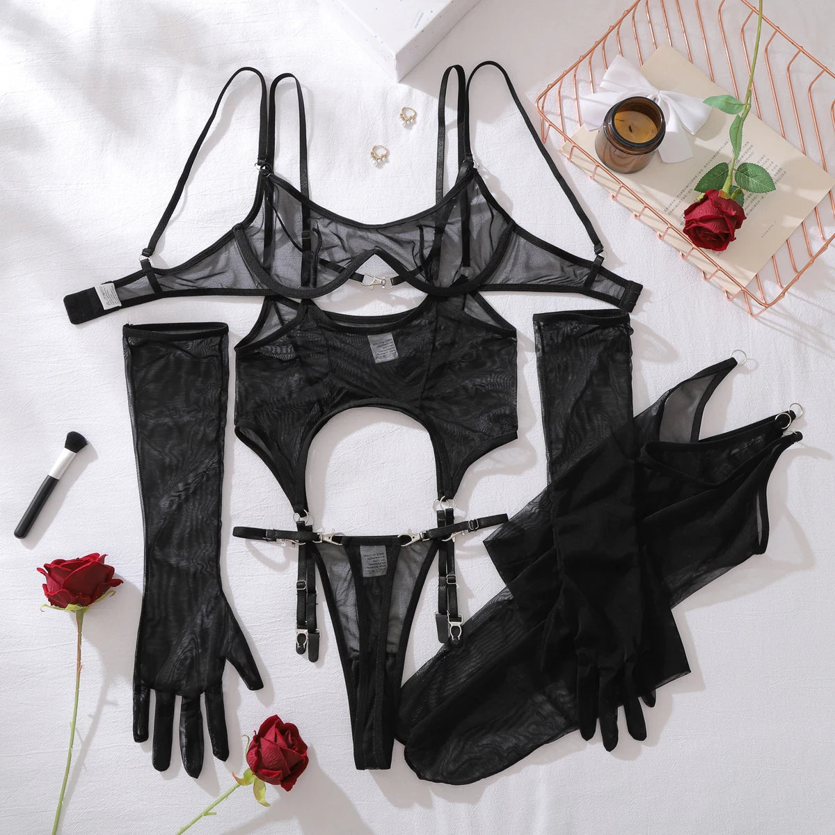 Ellolace Solid Women's Lingerie Sets Seductive See Through Bra Belt Thong 3PC with Gloves Stockings Sissy Sexy Women's Underwear