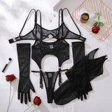 Ellolace Solid Women's Lingerie Sets Seductive See Through Bra Belt Thong 3PC with Gloves Stockings Sissy Sexy Women's Underwear