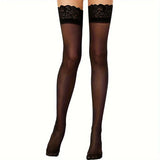 Women's Black Lace Thigh High Stockings, Sheer Over Knee Hosiery with Wide Elastic Top for Dresses, Party and Daily Wear