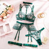 Sexy Lace Lingerie Set With Garter Belt Eyelash Underwire Bra Nude Illusion Strappy Sensual Costume Exotic Underwear Party Club