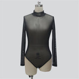 Sexy Women T Shirt See Through Mesh Black Long Sleeve Bodysuit Sheer Slim Turtleneck Tulle Crop Top T-Shirt Transparent Clubwear