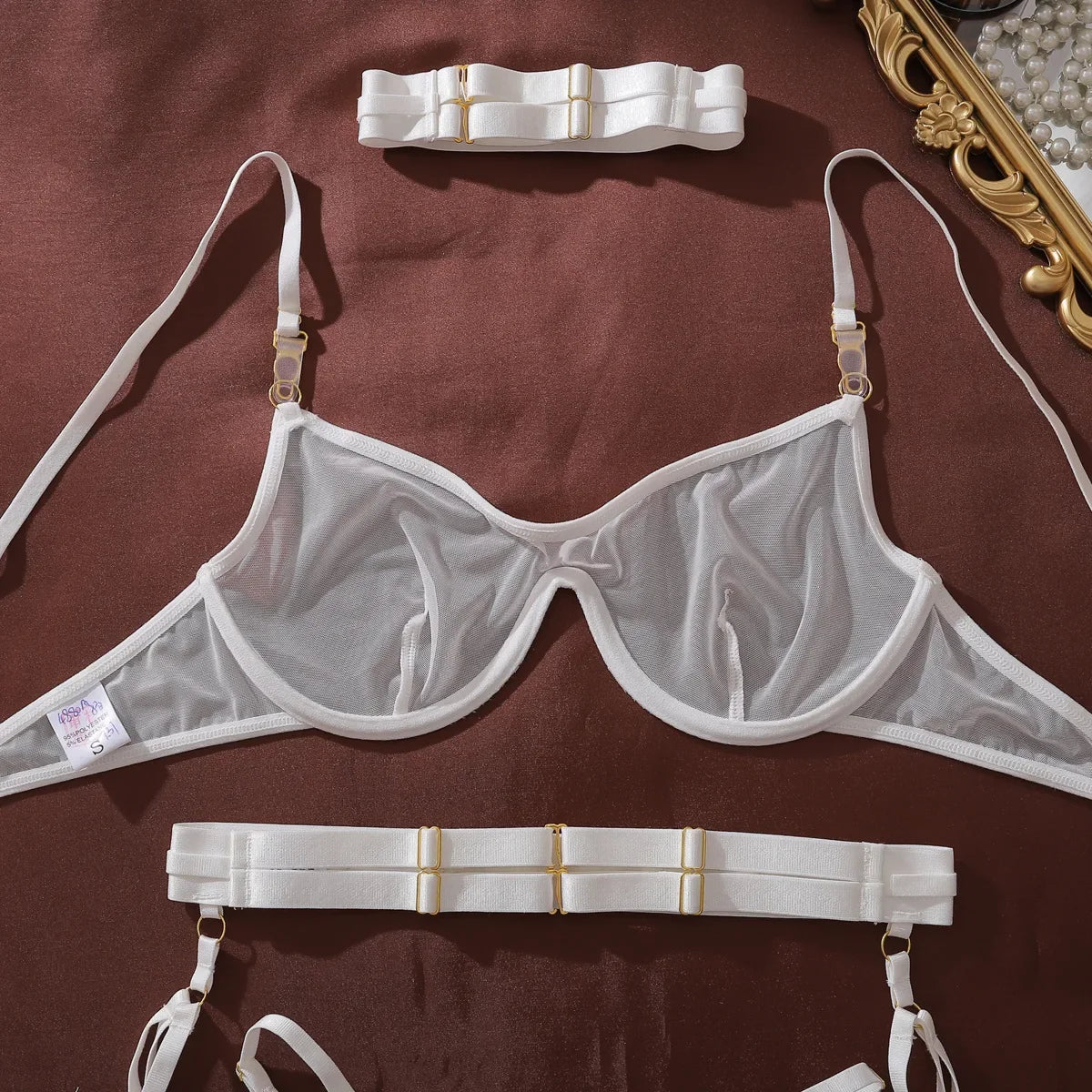2026 Fashion Heavy Crafted Metal Decorative Lingerie Set with Buckle Women Mesh Transparent Bra Lady Sexy Body Shaping Underwear
