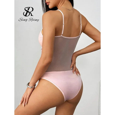 Nolia Hot Girl Spliced Sexy Playsuits Fashion Strap Lace Up Backless Sheer Rompers Ruffles Hotsweet Corset Bodysuits 5d4;
