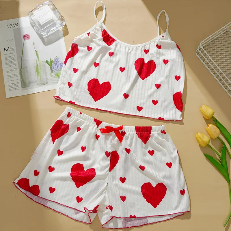 Heart Print Pajama Set Sleeveless Crop Top and Shorts Comfy Sleepwear Loungewear Nightwear Casual Soft T-Shirts Shorts