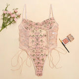 Porn Suit Floral Lace Embroidery Bodysuit Women Sexy Lingerie Bandage See Through Deep V Backless Body Suit Exotic Underwear