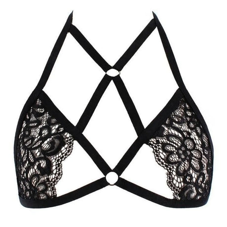 Hollow Out Push Up Female Bralette Top Sheer Backless Sexy Lace Harness Bra Lingerie Deep V Wireless Halter Lace Strappy Bra