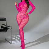 Sexy Lace See-Through Bodysuit Long Sleeve Fishnet Jumpsuits Elastic Night Club Jump Suits for Women Sexy Pole Dancing Overalls