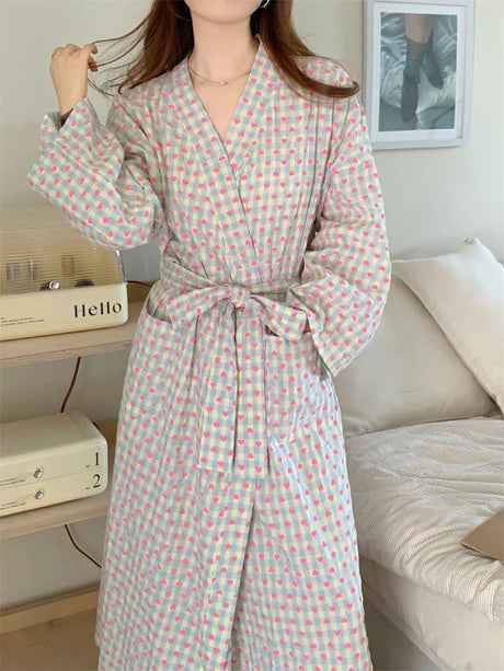 CHUANGERM Women Sweet Plaid Long Sleeve V‑Neck Lace Up Loose Medium‑Long Robe Comfortable Sexy Home Wear Loungewear
