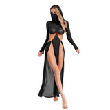 Women Wet Look Mesh Maxi Dress with Hooded Cosplay Sexy High Slit Lingerie Face Mask Long Sleeves Hollow Out Sheer Nightdress