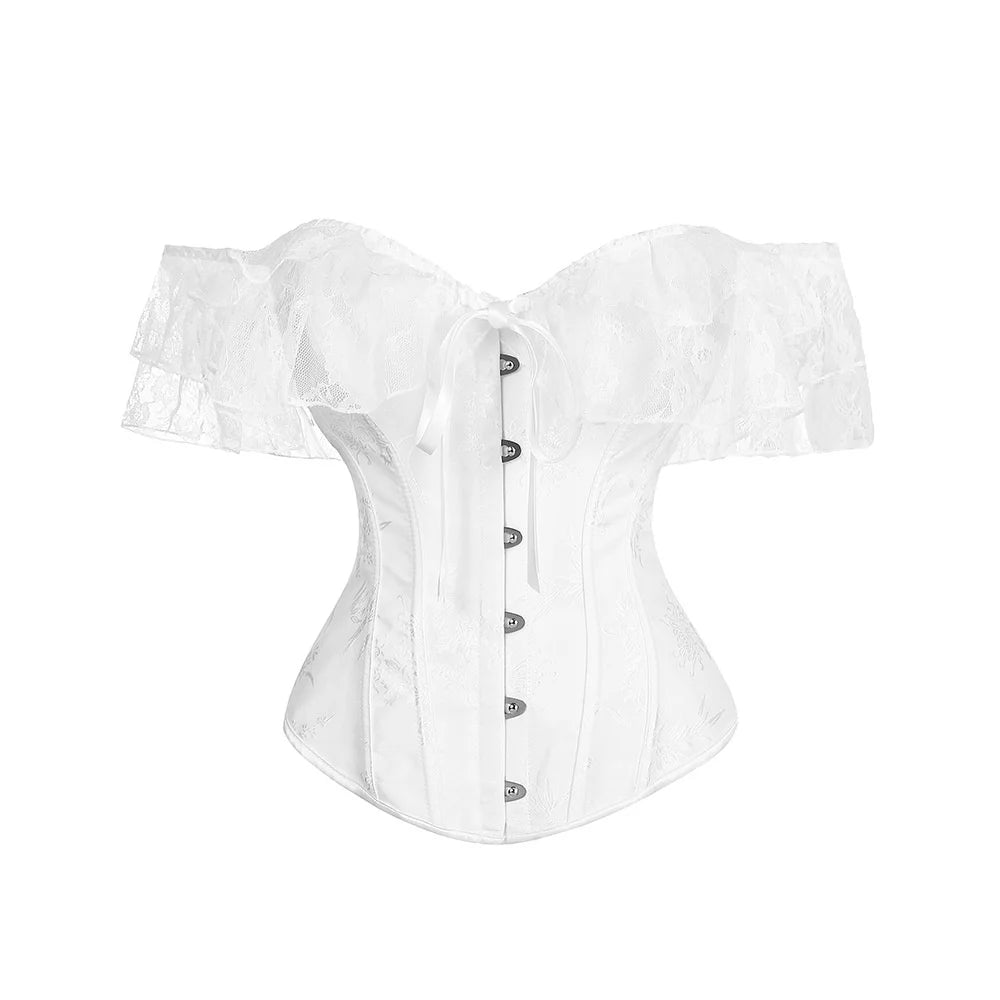 Women Sky Blue Retro Jacquard Corset Tops Lace Short Sleeved One Shoulder Sexy Slimming Shaper Overbust Bustiers Lingerie